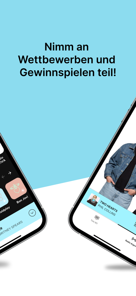 Radio Argovia - Two mobile phone screens showing the Radio Argovia app interface with a call to action for competitions and sweepstakes