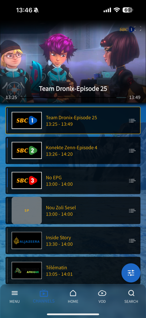 SBC+ - SBC+ app interface displaying a list of live TV channels including SBC 1, 2, and 3 with a video player at the top.