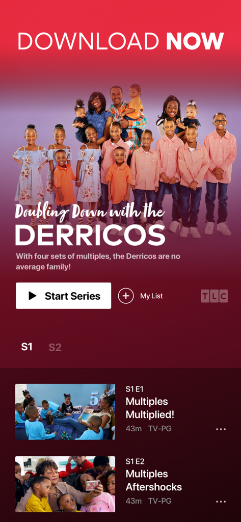 TLC GO - Stream Live TV - TLC GO app interface showing the show page for Doubling Down with the Derricos