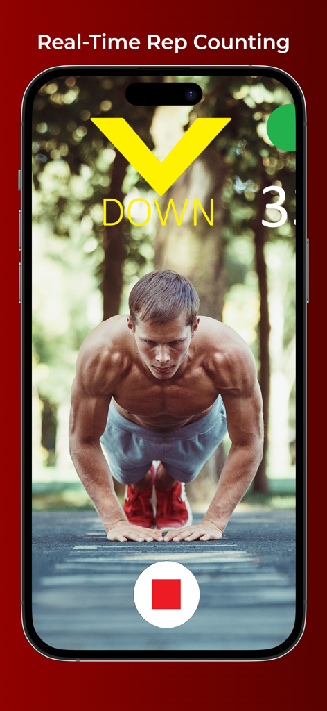 GymCam - Camera Rep Counting - GymCam app interface tracking push-up repetitions in real-time