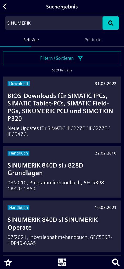 Industry Online Support - Search results for SINUMERIK documentation in the Siemens Industry Online Support app.