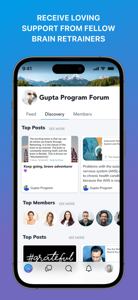 Gupta Program Brain Retraining - Interface do fórum da comunidade do aplicativo Gupta Program mostrando posts populares e membros para suporte de recondicionamento cerebral