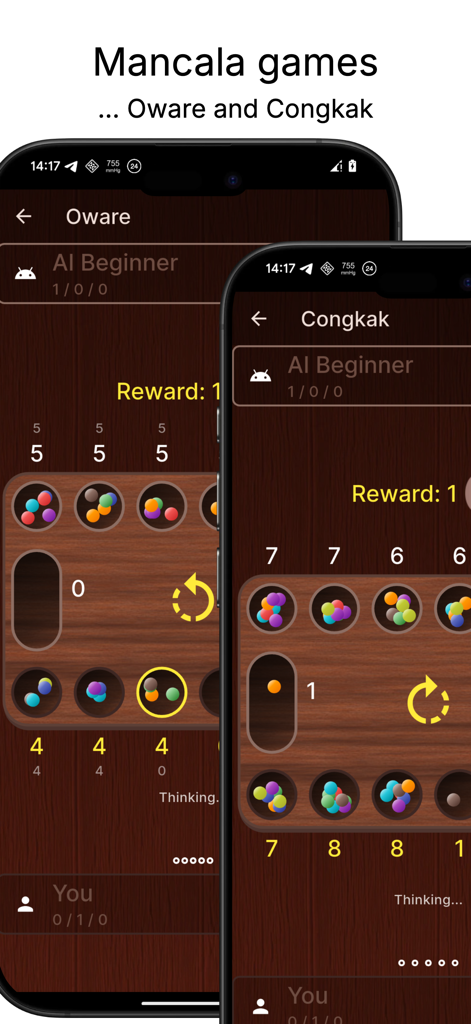 Mancala games - Mancala mobile app interface showing Oware and Congkak game variants with colorful seeds on a wooden board.
