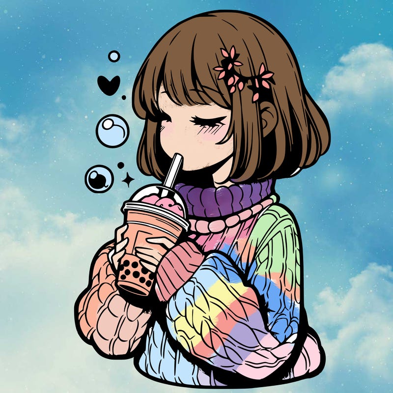 manga girl drinking boba in cozy sweater
