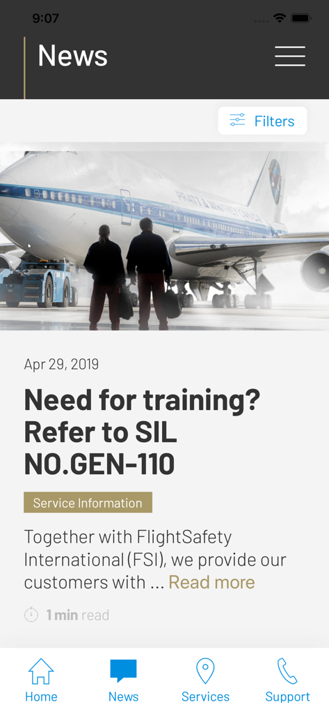 Feed de notícias do aplicativo Know My PT6 mostrando atualizações de serviço de aeronaves e treinamento