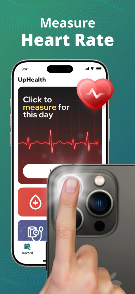 UpHealth:Heart Rate Monitor - 아이폰 카메라 렌즈 위에 손가락을 올려 UpHealth 앱으로 심박수를 측정하는 모습