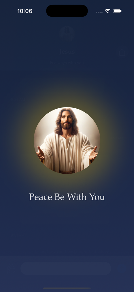 Jesus Chat - Interfaz de la aplicación Jesus Chat que muestra un retrato de Jesús con el texto La Paz Sea Contigo
