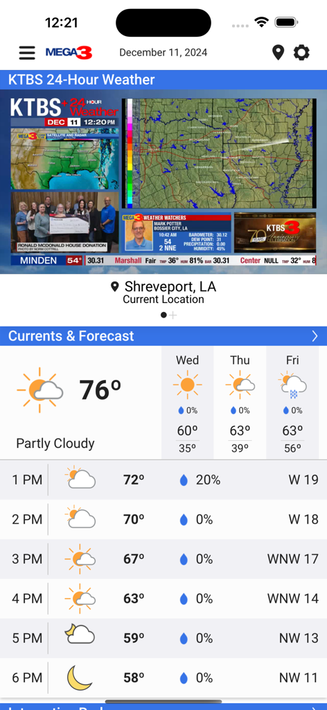 Storm Team 3 - Interfaz de la aplicación meteorológica Storm Team 3 que muestra la temperatura actual y el pronóstico por horas para Shreveport, Luisiana