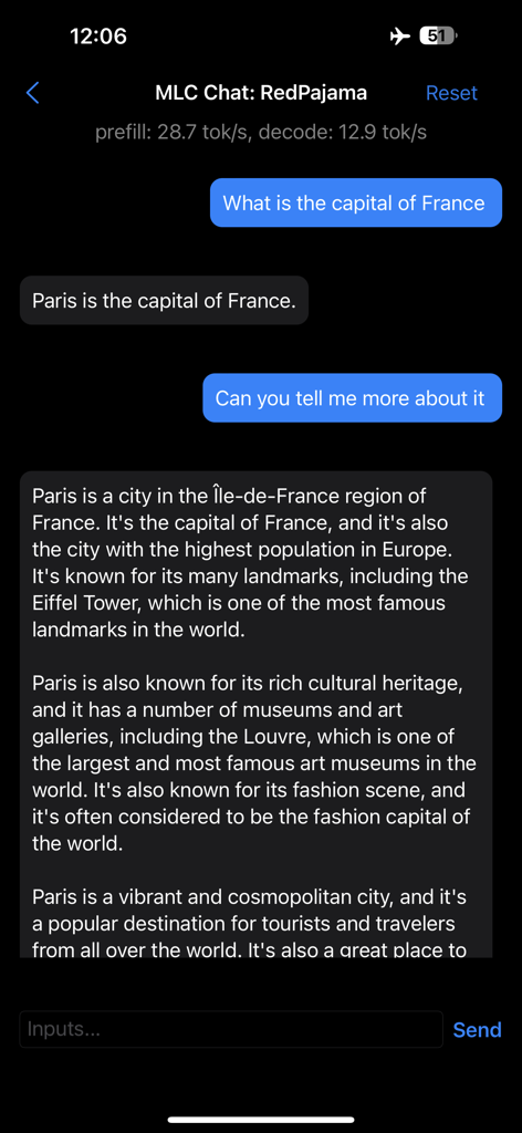 MLC Chat - MLC Chat app interface showing a local LLM conversation with performance metrics.