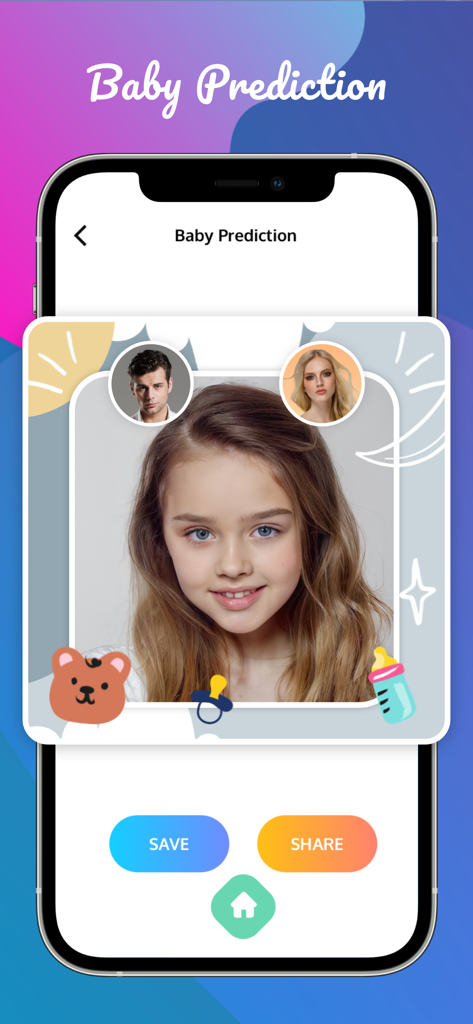 Interface showing an AI generated baby face based on photos of two parents with save and share buttons