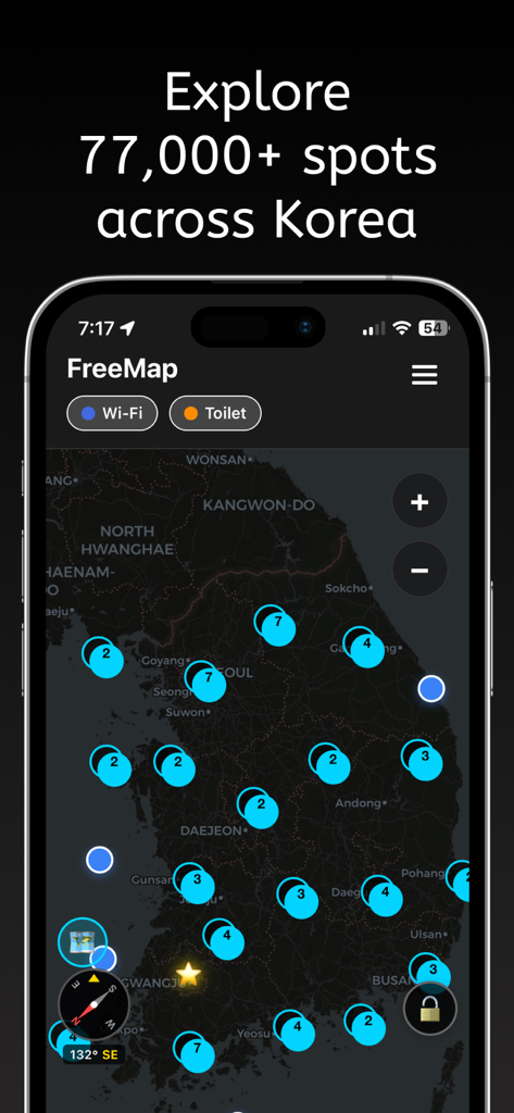 Interfaz de la aplicación FreeMap que muestra un mapa de Corea del Sur con miles de ubicaciones de WiFi gratuito y baños públicos