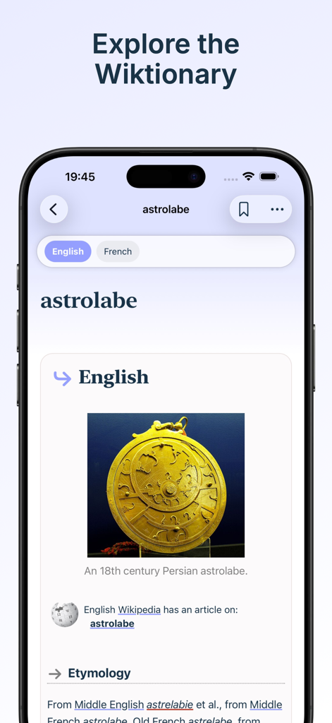 WikiDee mobile app displaying the dictionary entry for astrolabe in a clean and readable layout.