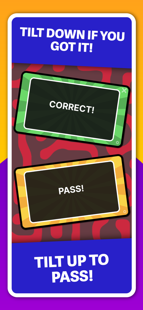 Instructional screen for BLeBRiTY Charades showing how to tilt the phone down for a correct guess and up to pass