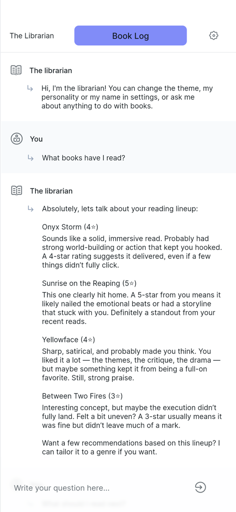 The Librarian - A chat interface in The Librarian app where an AI provides personalized summaries and critiques of a users reading history.