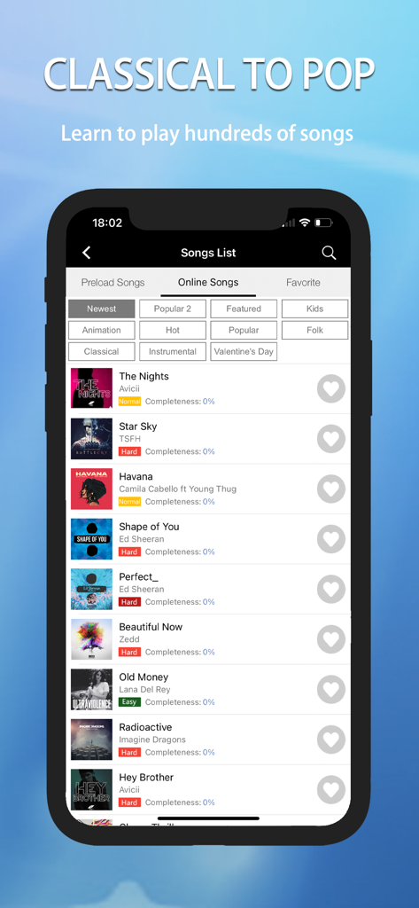 Perfect Piano mobile app song library featuring popular pop and classical music tracks