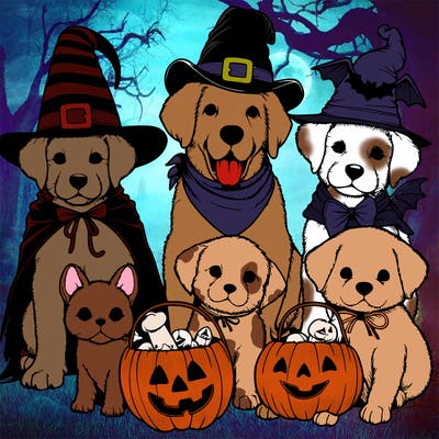 realistic dog and puppies dressed up for halloween