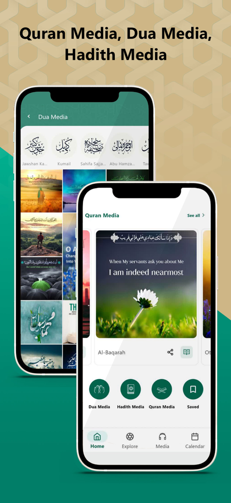 Mobile app interface for Shia Muslim showing visual galleries for Quran, Dua, and Hadith media.