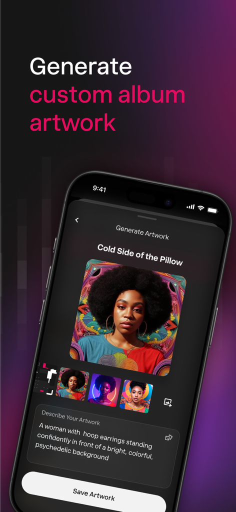 Benutzeroberfläche der Udio-App, die KI-generierte Albumcover aus einer Textaufforderung für einen Song mit dem Titel Cold Side of the Pillow zeigt