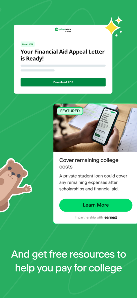 Going Merry app interface featuring financial aid appeal letter download and college cost coverage options.