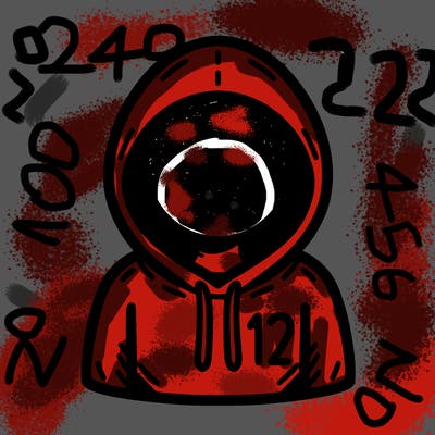 a person with non face waering a hoodie with a small 132 symbol