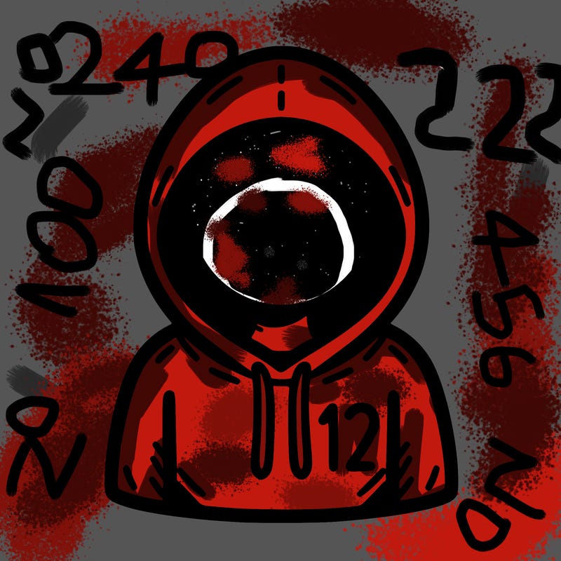 a person with non face waering a hoodie with a small 132 symbol