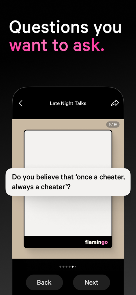 Flamingo Cards app displaying a deep conversation starter about cheating from the Late Night Talks pack