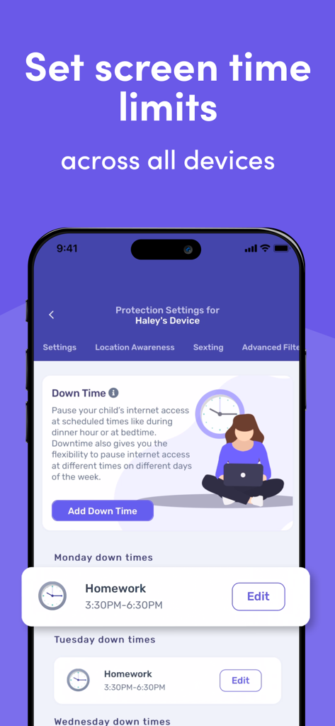 Canopy app interface showing screen time limit settings and scheduled downtime for a child's device