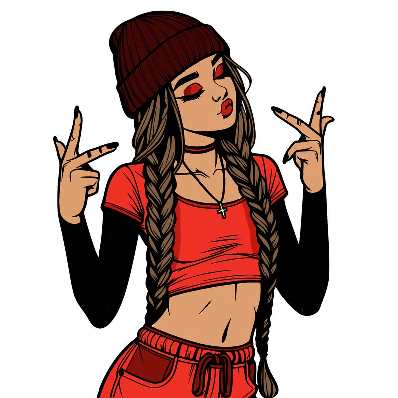 realistic teenage girl with braids and a beanie and crop top doing 🫶🏼
