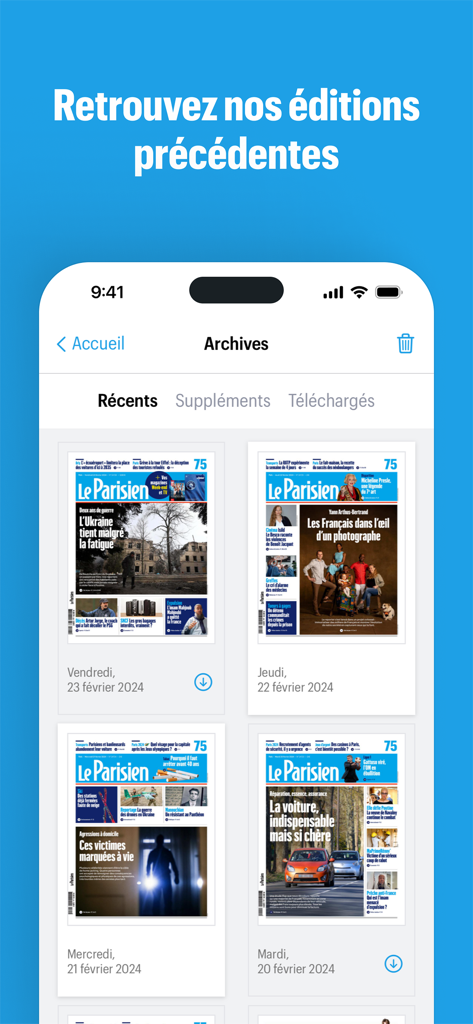 Archive screen of the Le Parisien app showing a list of previous digital newspaper editions