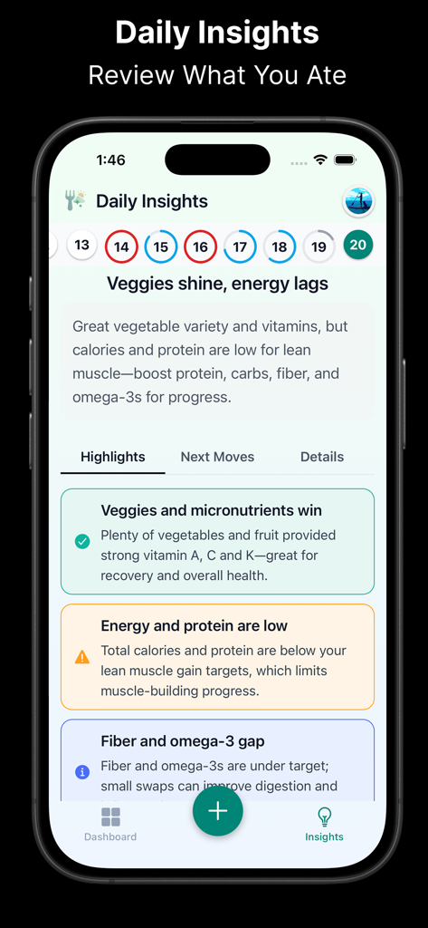 NutriShot AI - Calorie Counter - Interface do aplicativo móvel exibindo insights nutricionais diários do NutriShot AI e feedback de saúde personalizado