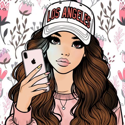 realistic beautiful girl wearing los ángeles cap holding an iphone