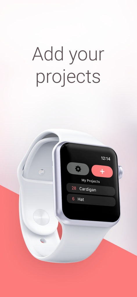 Apple Watch interface showing a list of knitting and crochet projects with row counts