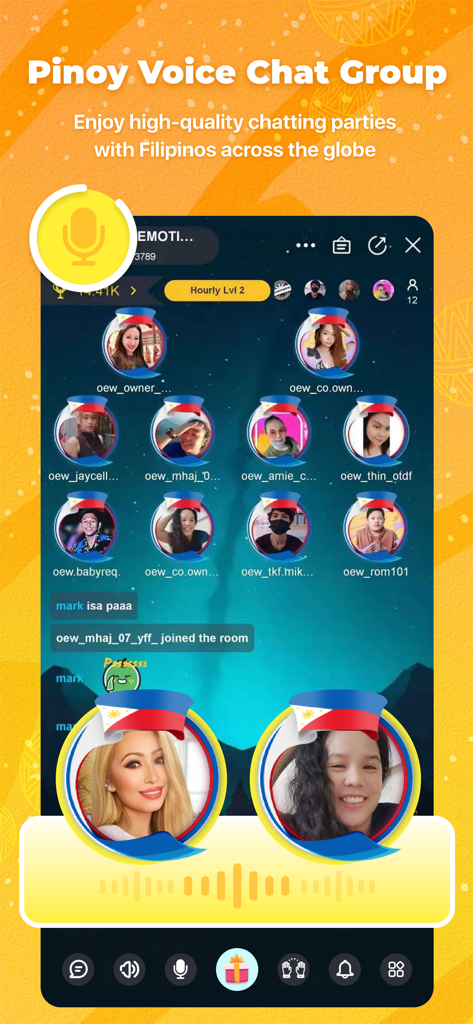 Interface of a Calamansi Pinoy voice chat room featuring multiple user avatars and a live audio wave visualization