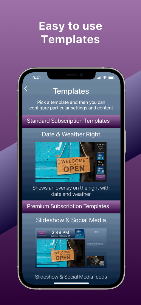 DigiBoard Remote - Interface of DigiBoard Remote app showing various digital signage templates for business displays