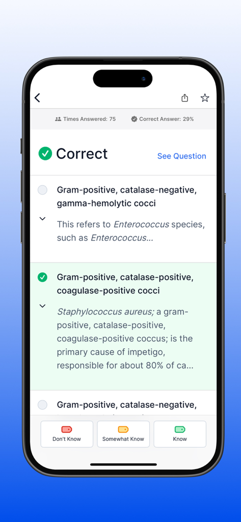 PANCE PANRE Mastery Test 2026 - Mobile app interface showing a correct answer explanation for a PANCE PANRE medical practice question.