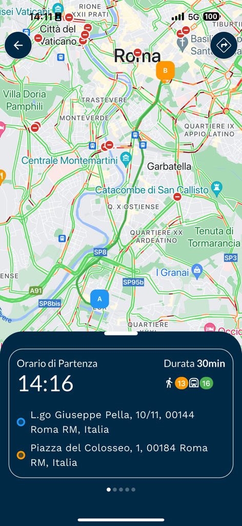 Map of Rome with real-time traffic and trip planning to the Colosseum in the Astral Infomobilità app