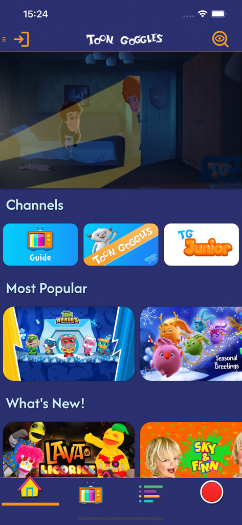 Toon Goggles Cartoons for Kids - Pantalla de inicio de la aplicación móvil Toon Goggles con canales de dibujos animados para niños y categorías de video populares