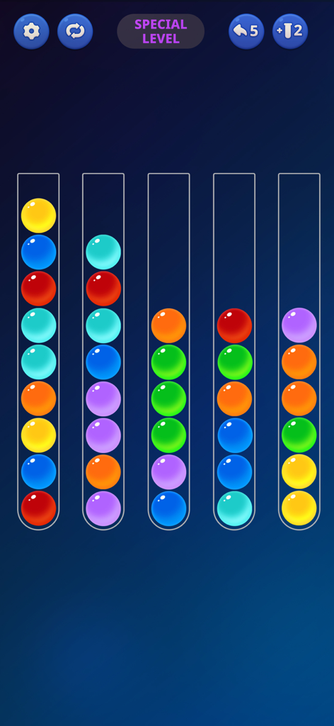Ball Sort Puzzle: Color Bubble - A logic puzzle gameplay screen showing colorful balls inside glass tubes to be sorted by color