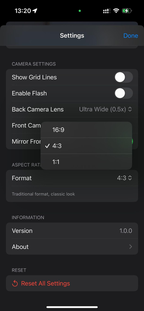 듀오 캠 앱의 설정 메뉴로 카메라 구성 및 화면 비율 선택 옵션을 보여줍니다.