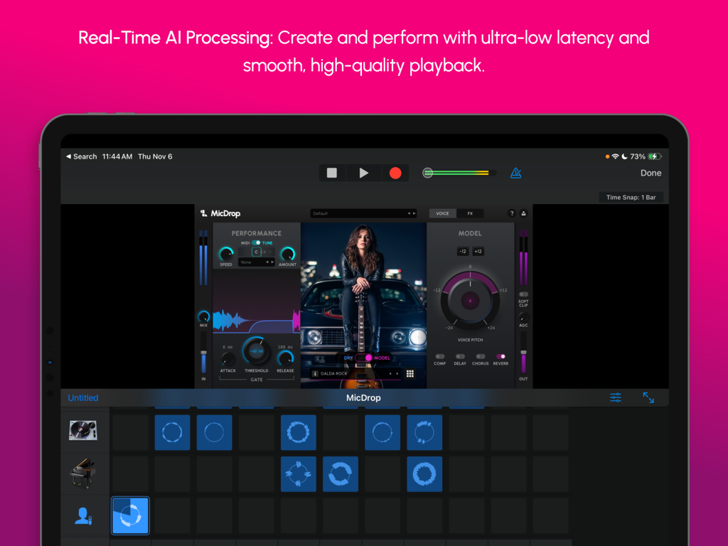 MicDrop - Pro Vocals - MicDrop app interface on iPad showing real-time AI vocal transformation controls inside Logic Pro