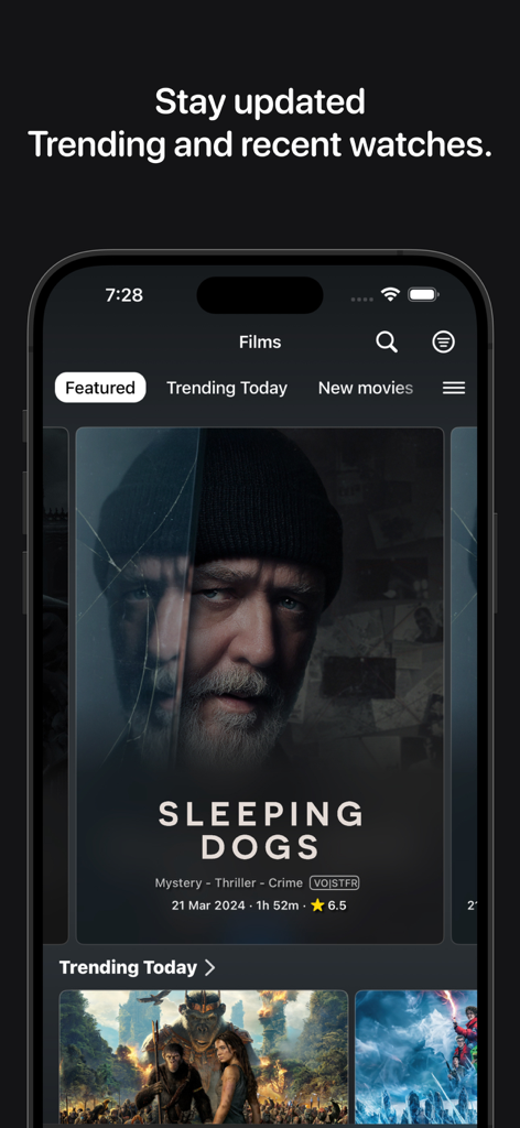 IPTV+ App-Oberfläche, die hervorgehobene Filme und den Abschnitt mit angesagten Filmen anzeigt