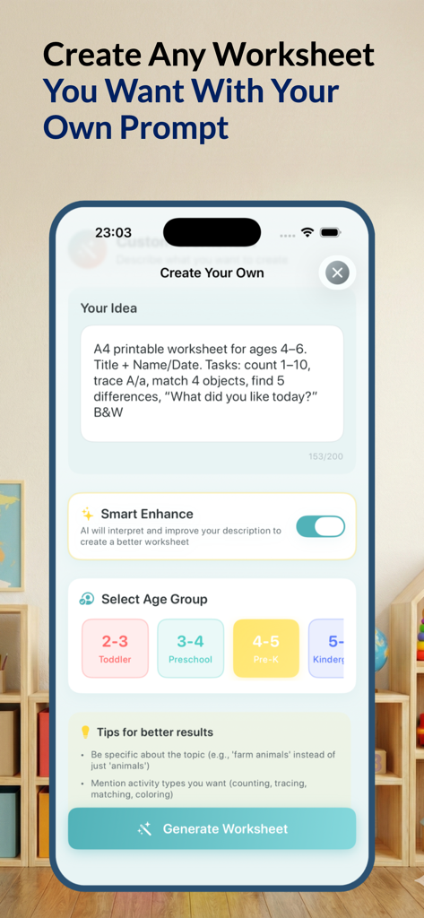 Education AI: WorkSheets Maker - Benutzeroberfläche der Education AI-App mit dem benutzerdefinierten Arbeitsblatt-Ersteller, einer Texteingabeaufforderung für Kinder von vier bis sechs Jahren und Auswahlmöglichkeiten für die Altersgruppe.