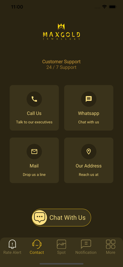 MAX GOLD - Max Gold app contact screen with support options for call, WhatsApp, mail, and address.