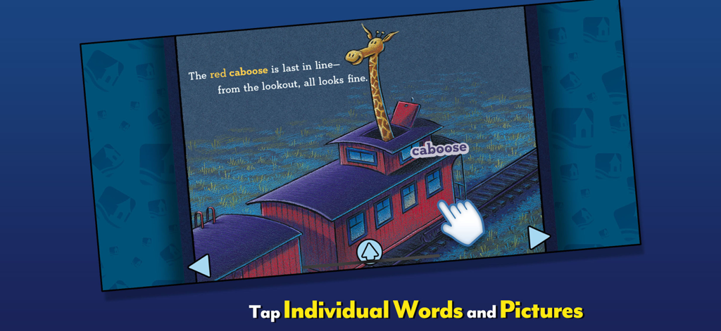 Eine Giraffe in einem roten Zugabteil mit einem Handsymbol, das zeigt, wie man Wörter für das Vokabellernen antippt.