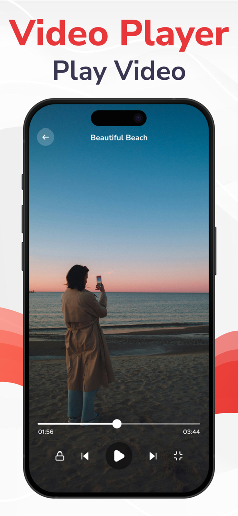 일몰 해변 동영상을 재생하는 Video Saver 앱 플레이어 인터페이스를 표시하는 iPhone 화면