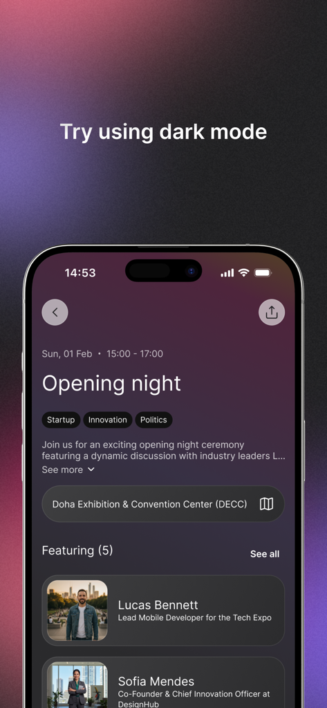Web Summit mobile app interface showing opening night event details and speakers in dark mode.
