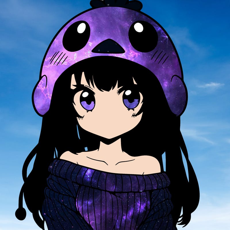 anime girl with chick shaped hat with sweater with bare shoulders with bangs covering them one eye with low tail
