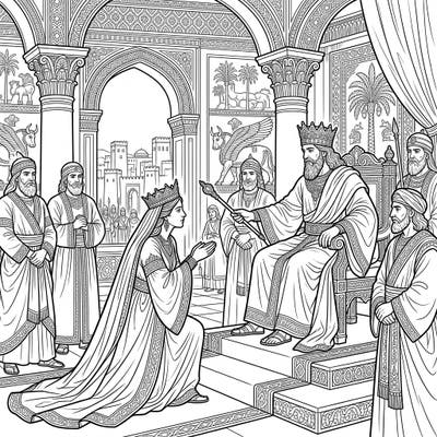 Journey back to ancient Persia with this captivating biblical narrative coloring page featuring Queen Esther. This detailed design depicts a momentous royal audience, perfect for bringing a classic story to vibrant life.