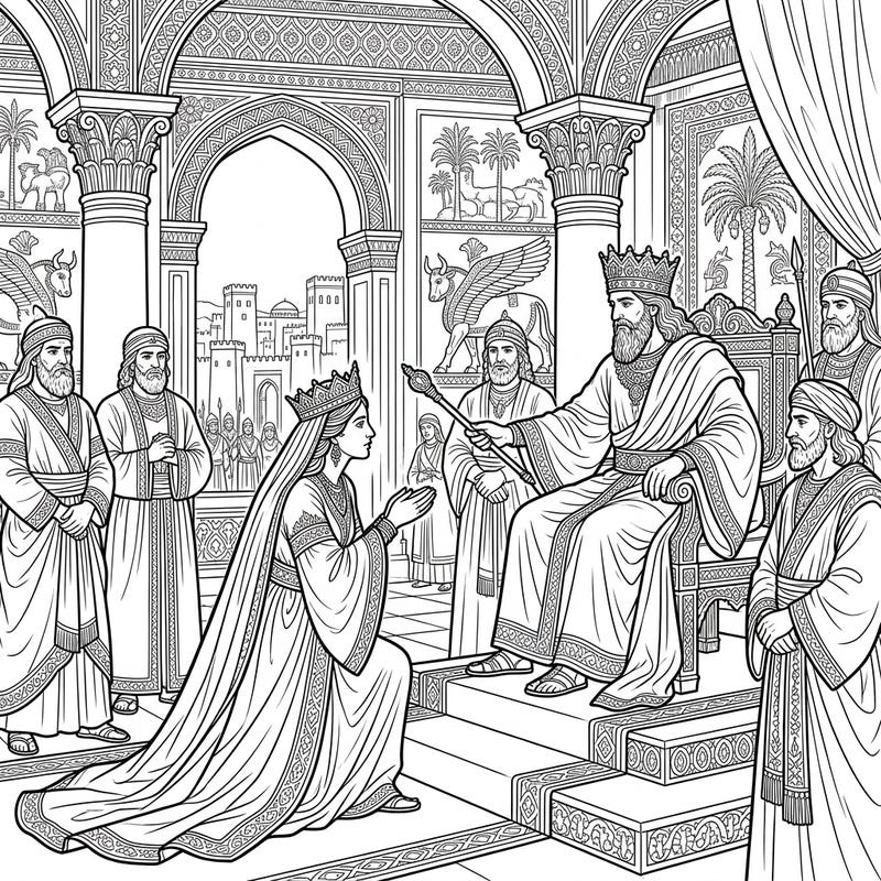 Journey back to ancient Persia with this captivating biblical narrative coloring page featuring Queen Esther. This detailed design depicts a momentous royal audience, perfect for bringing a classic story to vibrant life.