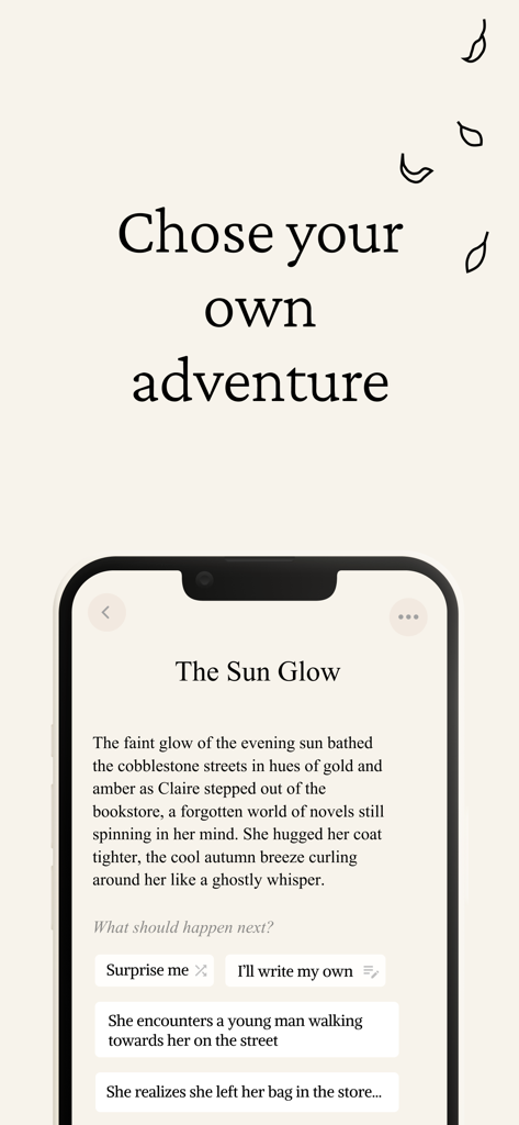 Saga - Stories - Uma tela de ficção interativa no aplicativo Saga com uma história baseada em escolhas intitulada The Sun Glow.